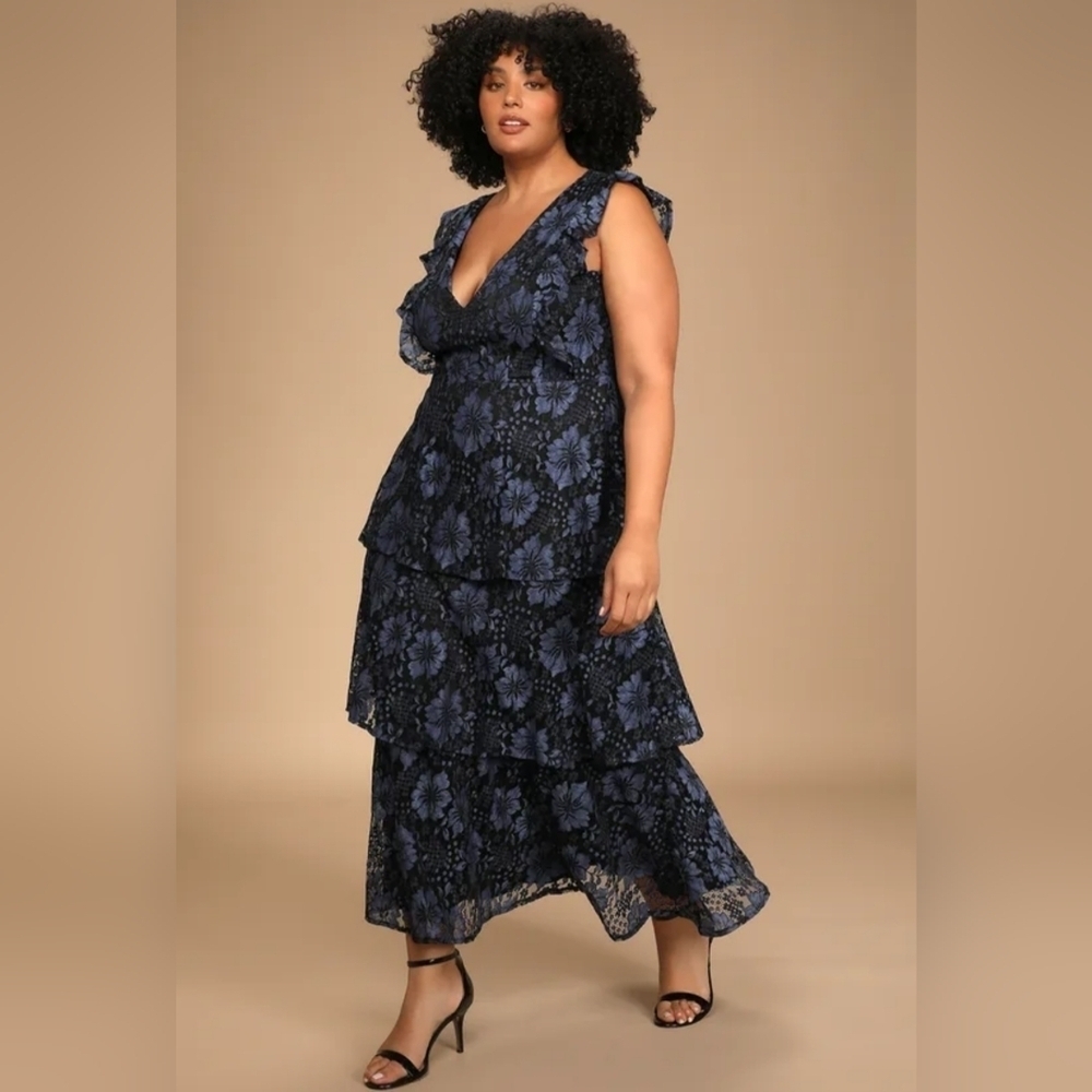 NWOT Lulu's Navy Blue Lace Ruffled Tiered Sleeveless Maxi Dress Size XL=14/16